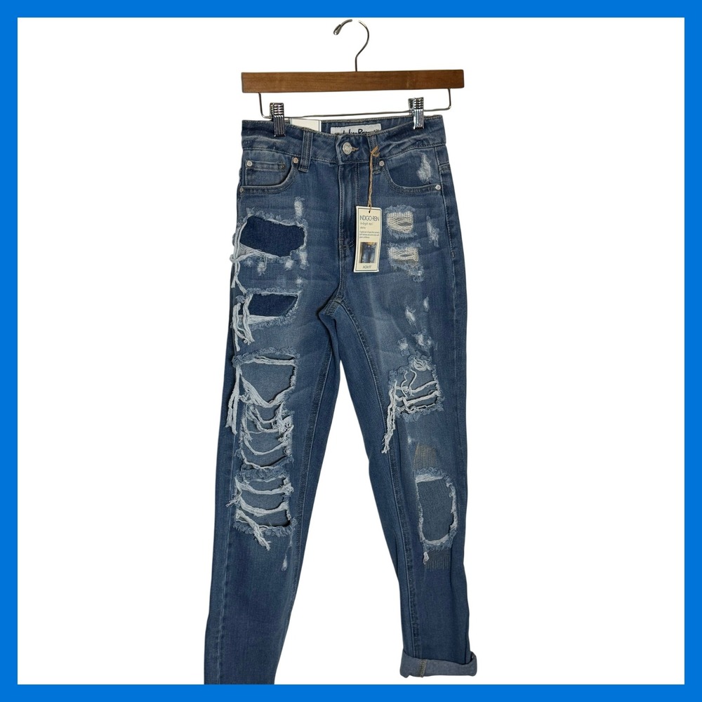 Indigo Rein Mom Fit Distressed High Rise Jeans Medium Wash Size 1 W24 L27 NEW